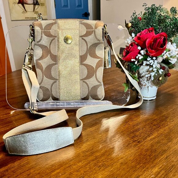 Coach #42246 Signature Jacquard North South Gold Lurex Swingpack Crossbody Bag - Picture 1 of 11